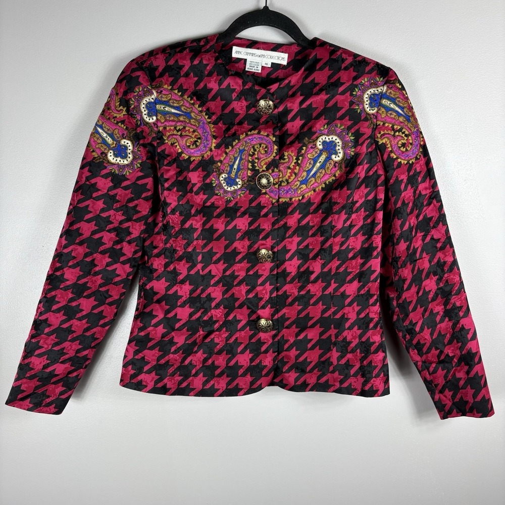 Anne Crimmins UMI Women's 10 Pink Multicolor Houndstooth 100% Silk Blazer Jacket